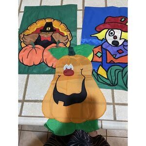 THREE Yard Flags Turkey, Scarecrow and‎  Pumpkin Double Sided Yard Flag 12X16